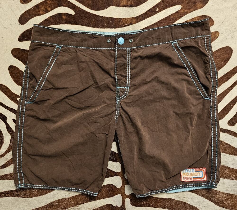 Vintage Y2K True Religion Mens Board Shorts USA Made Size 38 Brown Blue Stiching